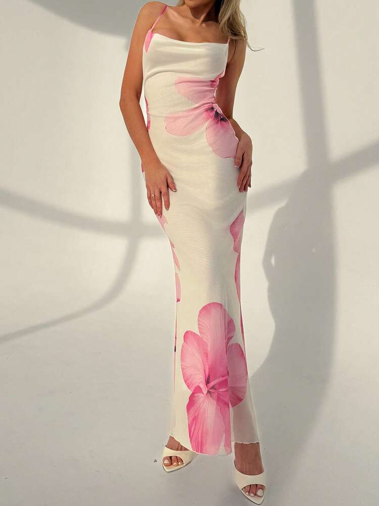 Aloruh Women Sexy Deep Draped Neck Backless Slip Floral Print Fitted Dress,Summer Dresses For Women,Tea Party Dress | SHEIN