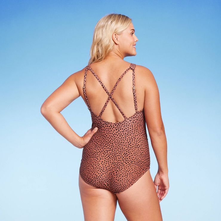 Women's Spotted Print High Neck Ruched Full Coverage One Piece Swimsuit - Kona Sol™ Brown | Target