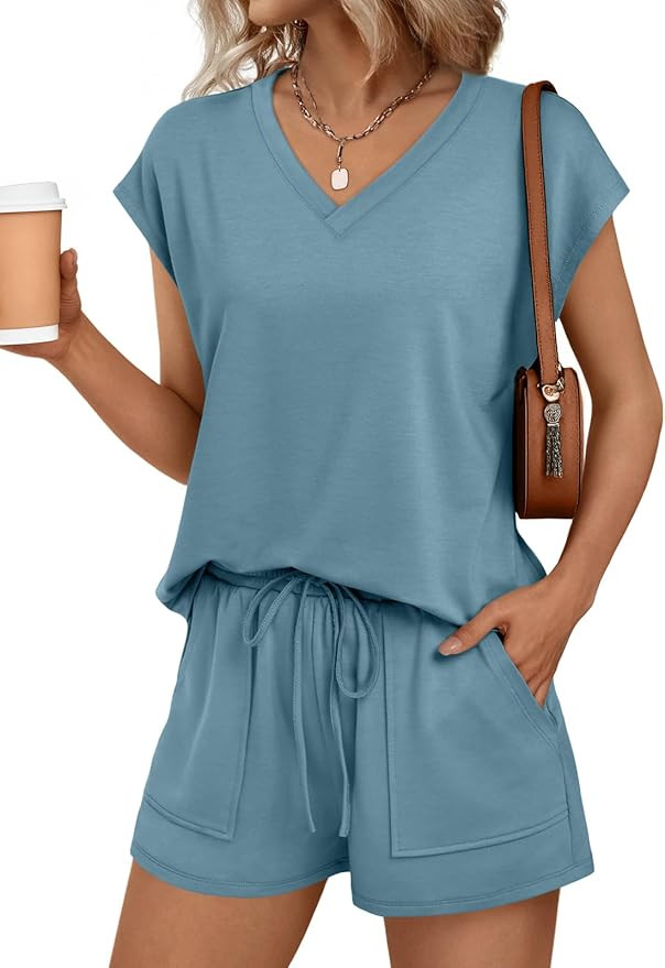 AUTOMET Women 2 Piece V Neck Matching Lounge Sets Clothing Spring Cap Sleeve Shirt and Shorts 202... | Amazon (US)