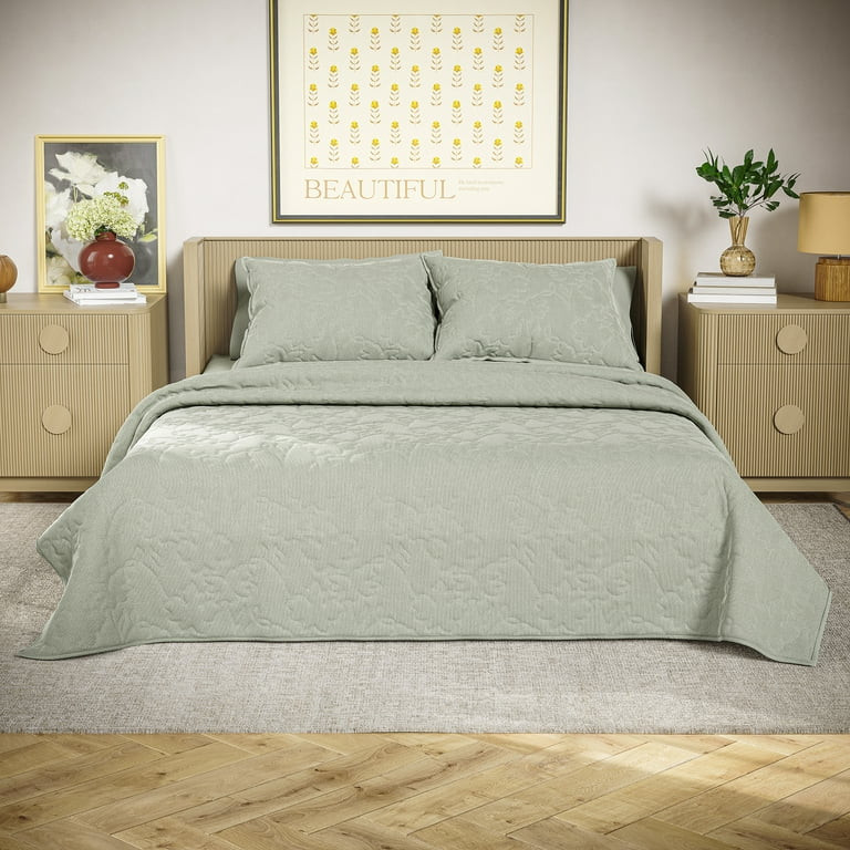 Beautiful 100% Cotton Floral Stitched Sage Green Quilt, Full/Queen by Drew Barrymore | Walmart (US)