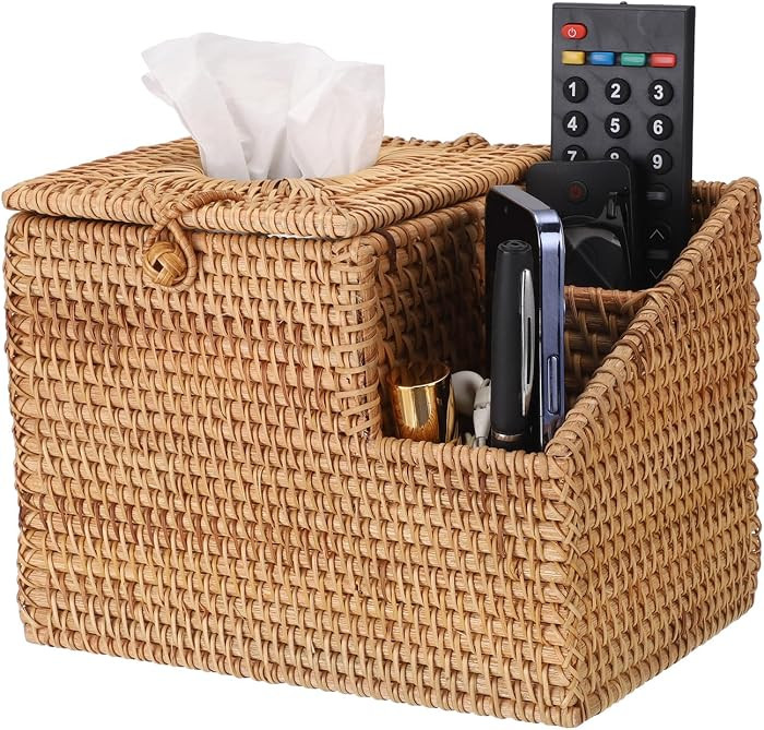 Sumnacon Tissue Box Square Tissue Box Cover with Storage Rattan Tissue Box Holder with 2 Side Org... | Amazon (US)