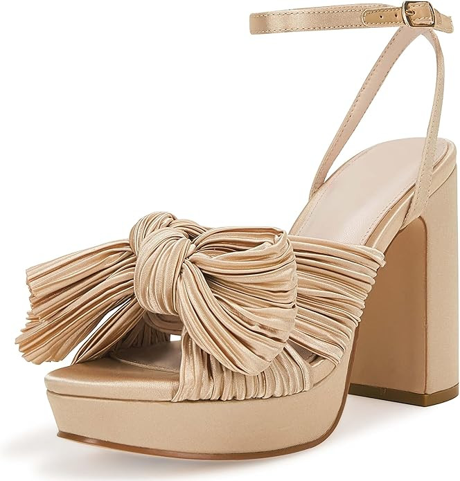 VETASTE Women's Pleated Bow Knot Platform Heeled Sandals Open Toe Chunky Block Heel Ankle Buckle ... | Amazon (US)