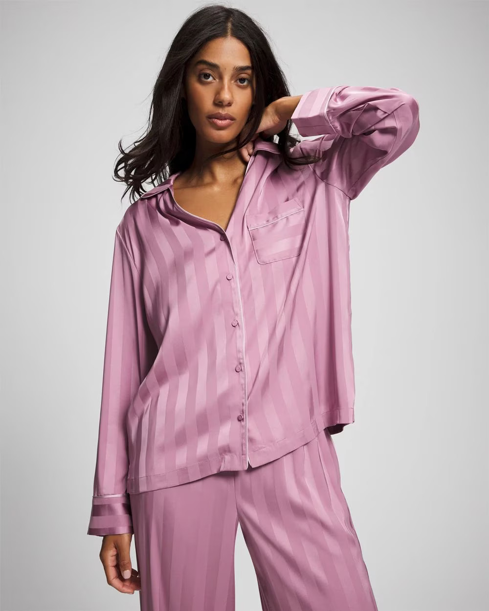 Shadow Stripe Long Sleeve Pajama Notch Collar Top | Soma | SOMA