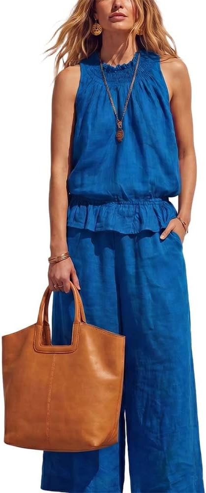 Linen Sets for Women 2 Piece Summer Outfits, Sleeveless Two Piece Sets for Women Summer Wide Leg ... | Amazon (US)