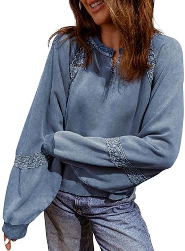 SELINK Womens Cropped Sweatshirts Lace Crochet Vintage Long Sleeve Tops Cute Notch Neck Pullover ... | Amazon (US)