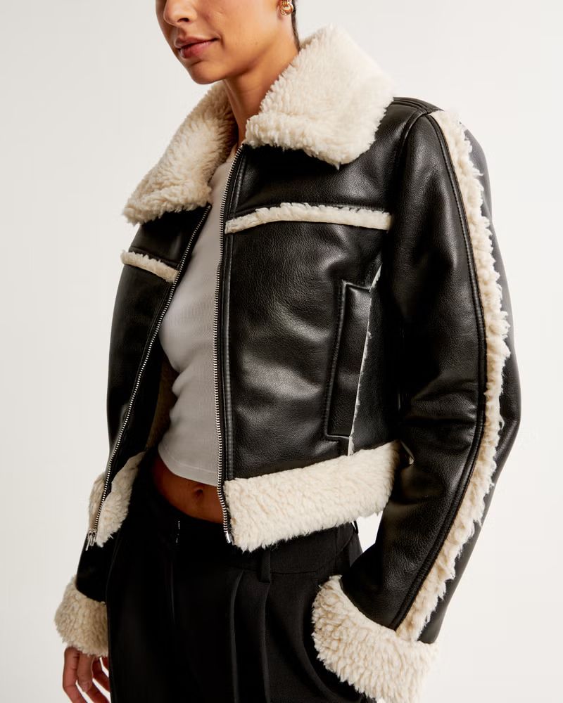 Cropped Vegan Leather Shearling Jacket | Abercrombie & Fitch (US)
