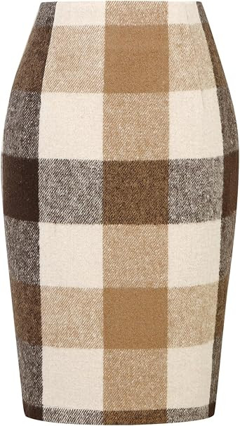 Plaid Skirts for Women Fall Winter Knee Length Pencil Wool Skirt with Slit | Amazon (US)