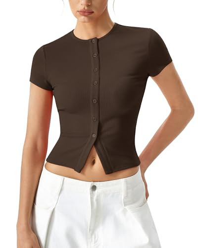 QINSEN Women's Crewneck Short Sleeve T Shirts Ribbed Button Going Out Trendy Tops | Amazon (US)