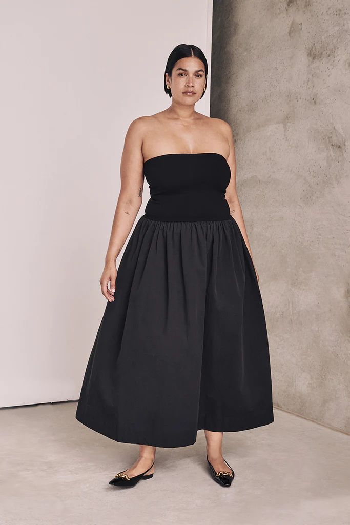 SOPHIE BLACK STRAPLESS MIDI DRESS | DISSH