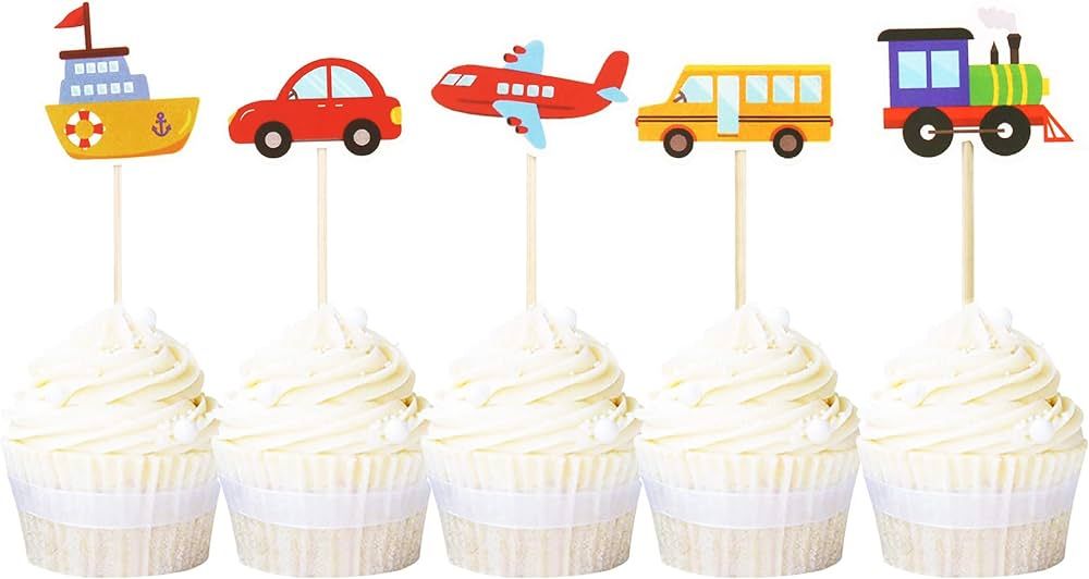 Ercadio 30 Pack Transportation Cupcake Toppers Bus Car Ship Train Airplane Cupcake Picks Baby Sho... | Amazon (US)