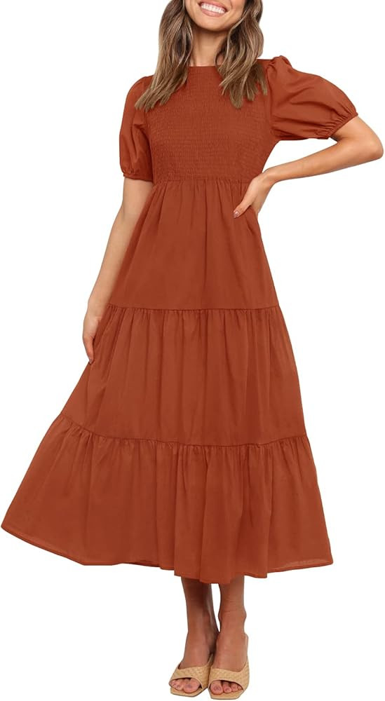 ZESICA Women's Casual Summer Crew Neck Short Puff Sleeve Smocked High Waist Ruffle Tiered A Line Mid | Amazon (US)