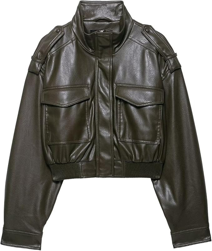 FindThy Women’s Cropped Faux Leather Jacket Vintage Stand Collar Long Sleeve Zip Up Fall Fashio... | Amazon (US)