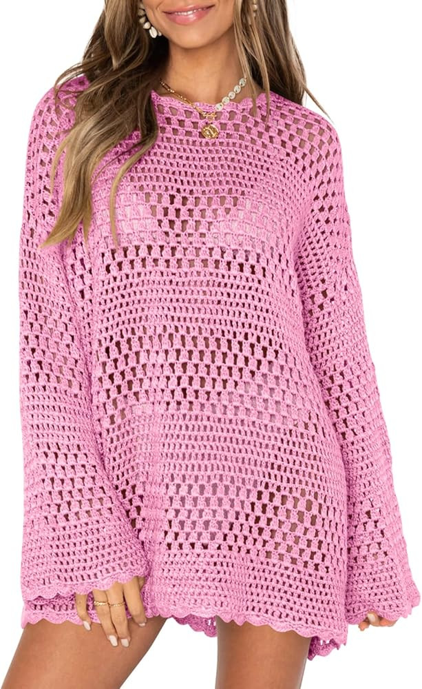 Saodimallsu Womens Crochet Swimsuit Cover Up Summer Bathing Suit Long Sleeve Mesh Knit Pullover B... | Amazon (US)