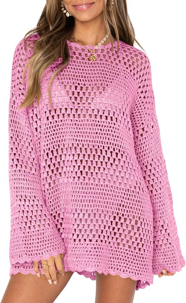 Saodimallsu Womens Crochet Swimsuit Cover Up Summer Bathing Suit Long Sleeve Mesh Knit Pullover B... | Amazon (US)