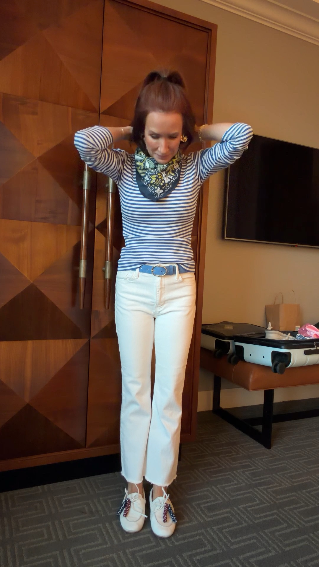 Clean, classic, and so easy for a Saturday 🤍

Blue and white striped long sleeve tee tucked into high-waisted white straight leg jeans for that effortless spring outfit vibe. Added a light blue belt for a subtle pop, neutral sneakers for all-day comfort, and a silk scarf tied at the neck for that chic French-girl touch.

This is the kind of casual weekend outfit that looks put together but feels like pajamas (we love that for us). Perfect for travel days, brunch, running errands, or cheering on the sidelines.

Linked my striped top, white denim jeans, skinny belt, silk scarf, and neutral sneakers 🤍 Classic pieces you’ll reach for on repeat all spring.

#LTKootd #LTKOver40 #LTKPetite
