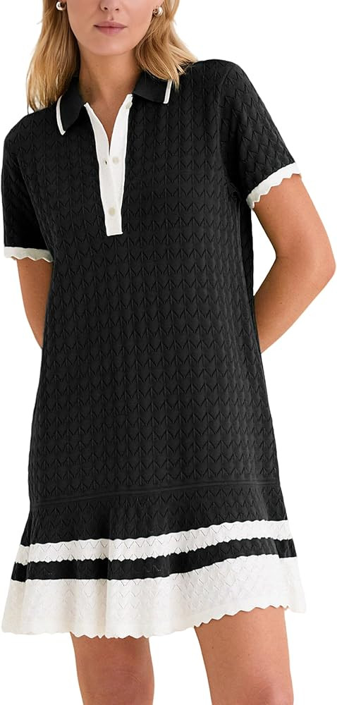 Shiyifa Womens Summer Sweater Polo Dresses Crochet Knit Short Sleeve Mini Dress Loose Casual Sund... | Amazon (US)