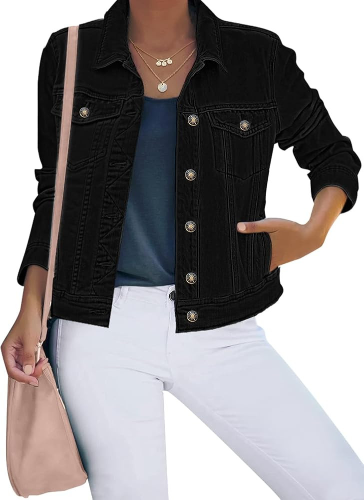 luvamia Women's Basic Button Down Stretch Fitted Long Sleeves Denim Jean Jacket | Amazon (US)