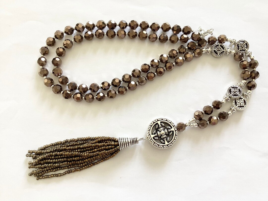 Long metallic bronze crystal glass tassel necklace flapper necklace beaded necklace statement nec... | Etsy (UK)