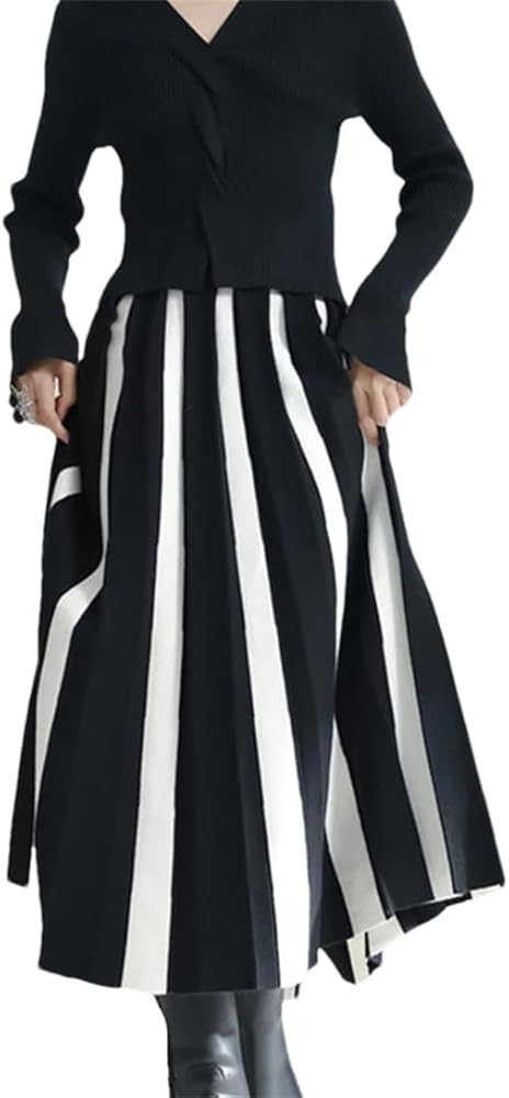 Women Vertical Striped A-Line Long Pleated Knit Skirt Patchwork Thickened Knitted Skirt | Amazon (US)