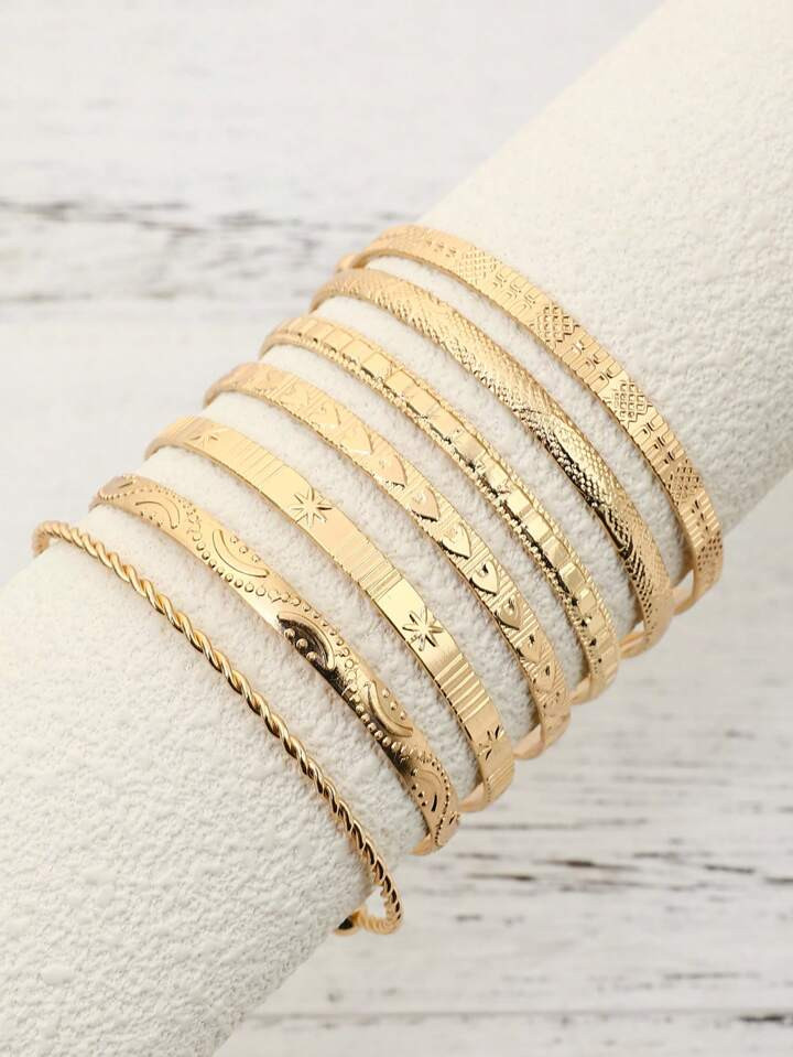7pcs/Set European And American Style Bangle Set With Hammered, Arrow, Floral, Exaggerated Hexagram Design, Twist Open Bracelets Jewelry Gifts | SHEIN