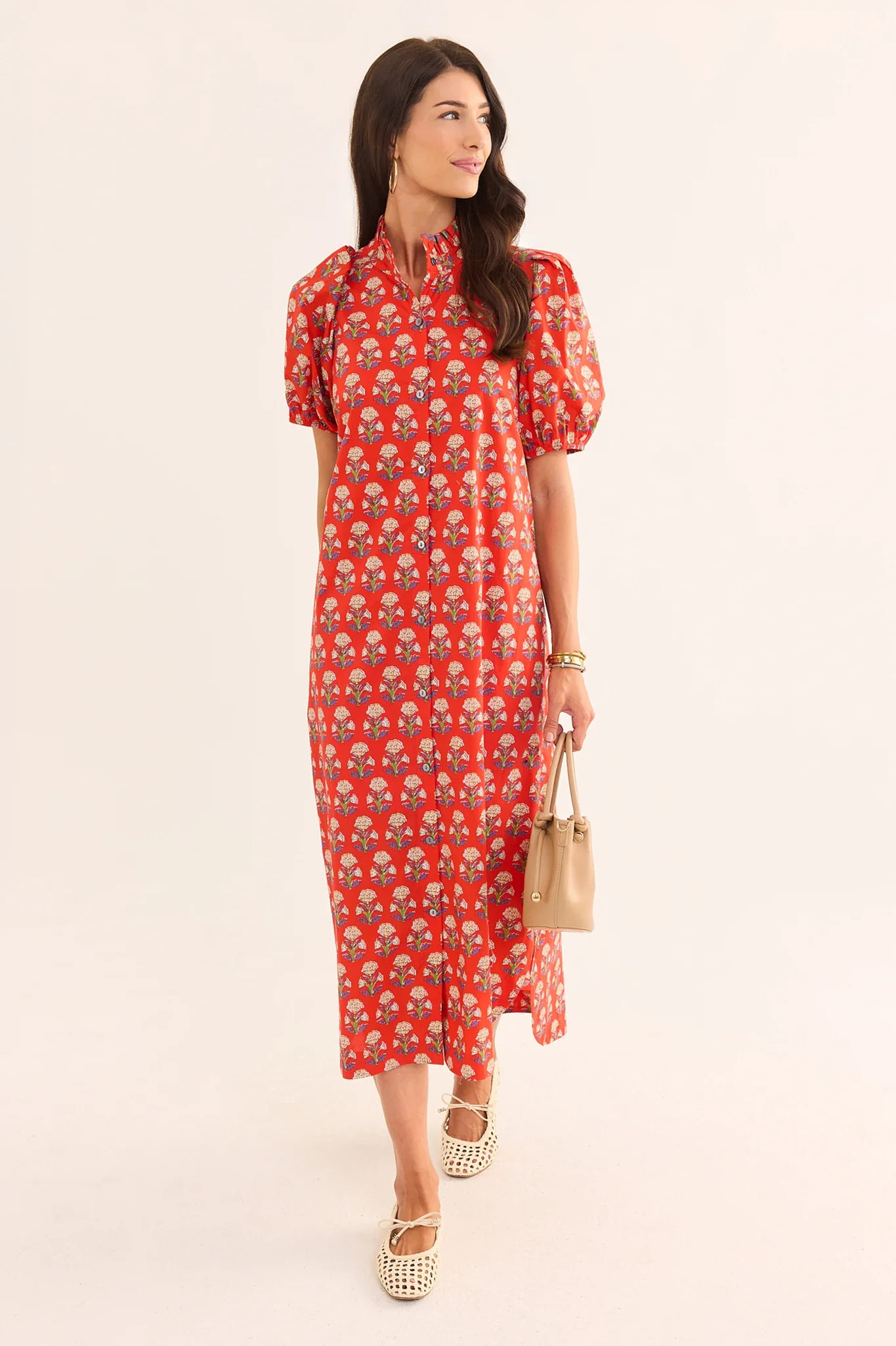 Red Block Print Button Up Midi Dress | Avara