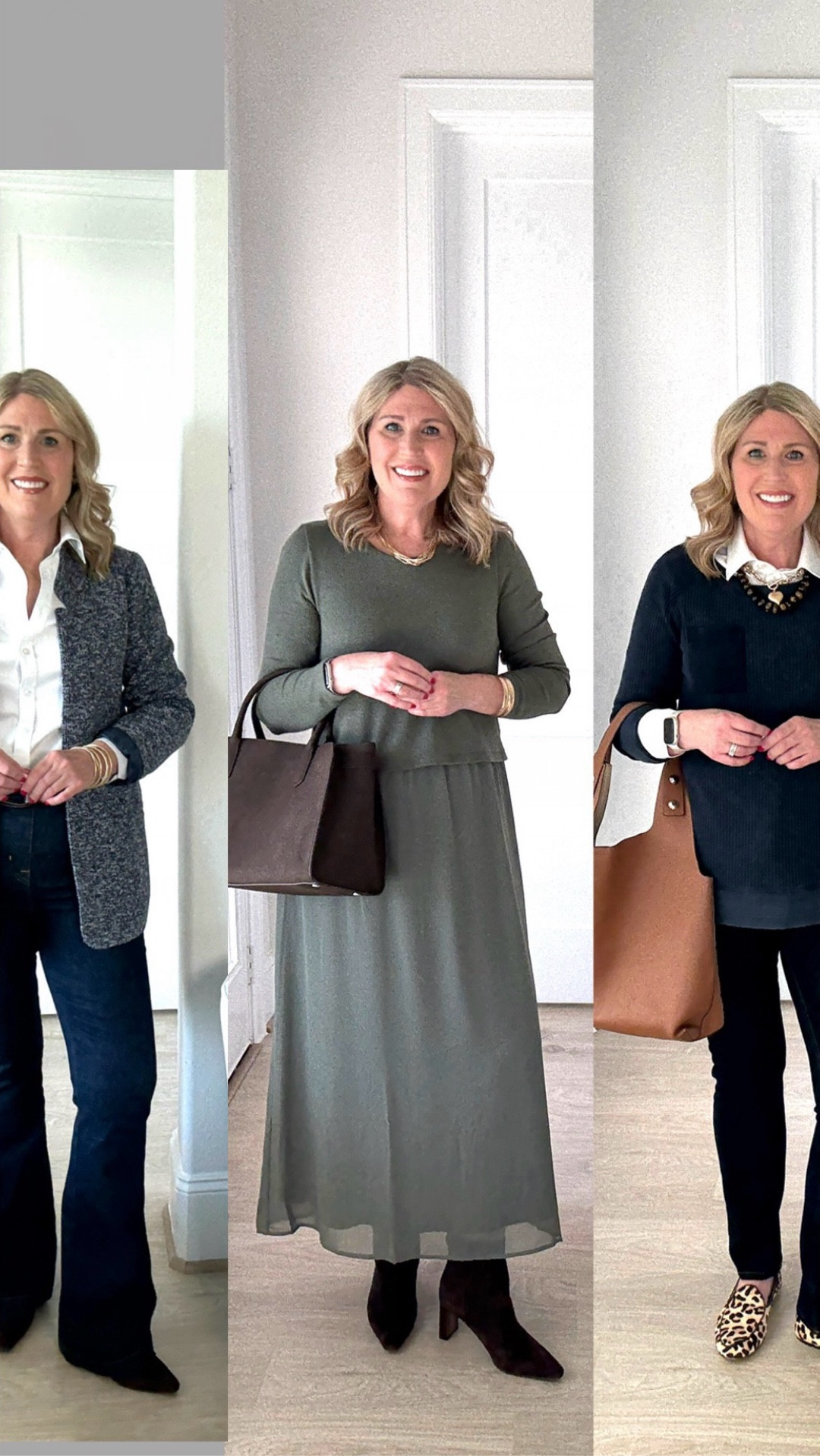 Knit blazer runs tts. Relaxed fit. ♥️
Flare legged denim runs tts. Very stretchy. Size up one for a roomier fit. 

Dress runs true to size. Has a relaxed fit. Very comfortable and soft. 🙌

Waffle knit tunic top in navy has an oversized fit. ♥️  I’m wearing my normal size here. Very comfortable and soft. Wear alone or with a T-shirt under or a collared shirt.

Denim are a straight slim leg style. They have a functioning zipper. Very stretchy. Soft. Easy to wear with tunic tops or oversized sweaters or sweatshirts.😘

#LTKWatchNow #LTKShoeCrush #LTKParties #LTKStyleTip #LTKItBag

#LTKFindsUnder50 #LTKGiftGuide #LTKSaleAlert #LTKPlusSize #LTKMidsize #LTKOver40 #LTKSeasonal #LTKFindsUnder100 #LTKWorkwear #LTKPetite #LTKootd #LTKBeauty #LTKHoliday
