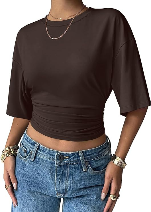 Sampeel Crop Summer Tops 2026 Trendy Batwing Short Sleeve Ruched Waist Slim Fitted Basic Tees Goi... | Amazon (US)