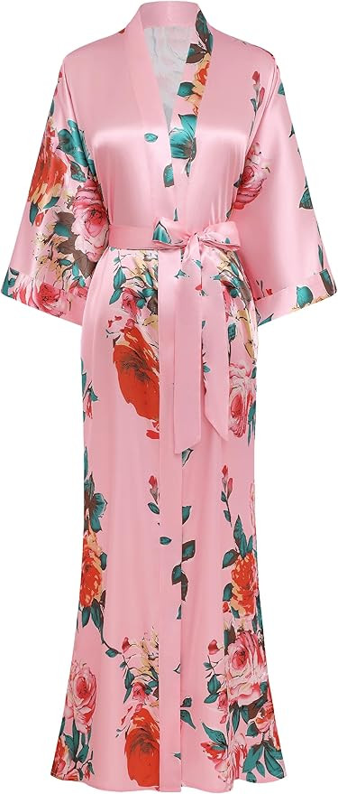BABEYOND Women's Kimono Robe Long Satin Silky Floral Lightweight Bridesmaid Wedding Bachelorette ... | Amazon (US)
