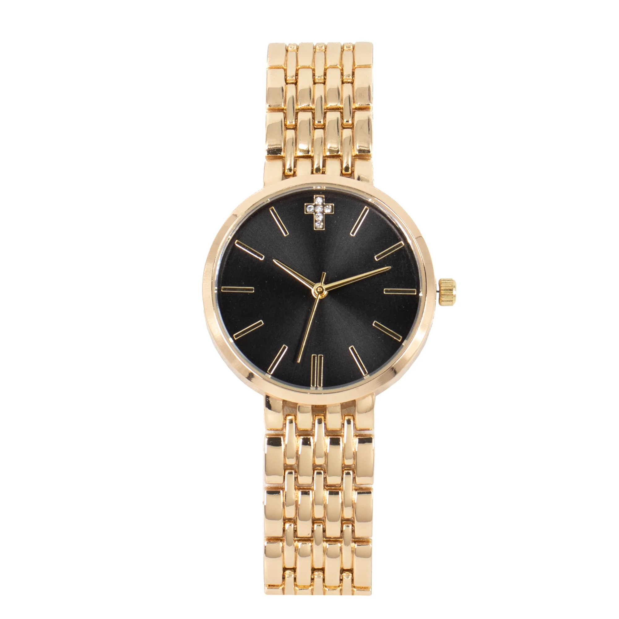 Time and Tru Women's Adult Gold Tone Gunmetal Dial Watch and Cross Bracelet Set, 2-Piece | Walmart (US)