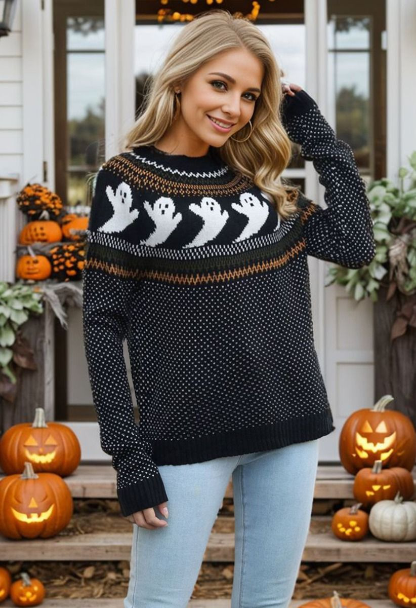 Cute Ghost Long Sleeves Knit Sweater in Black | Chicwish