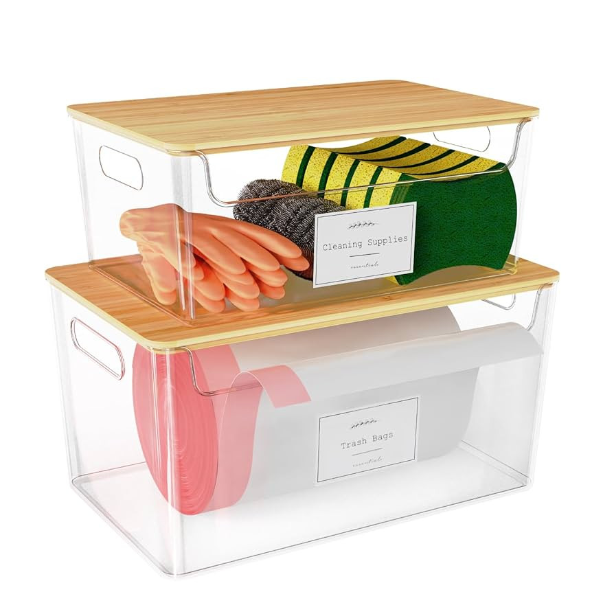 2 Pack Trash Bag Holder Under Sink Stackable, Plastic Garbage Dispenser with Lid, Trash Bag Stora... | Amazon (US)