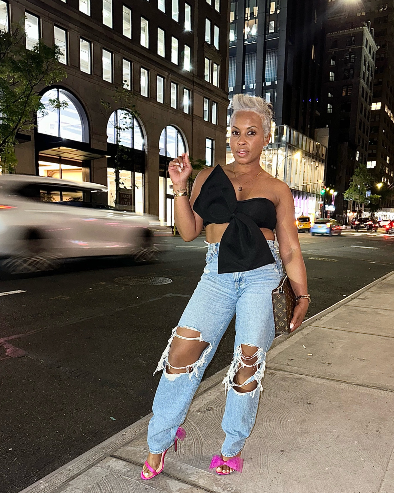 This look was one of my favorites too - love the big bow top!!! Black with a pop of color, wins every time. Date night / girls night out / gift ideas / for her / distressed denim

#LTKshoecrush #LTKunder50 #LTKstyletip