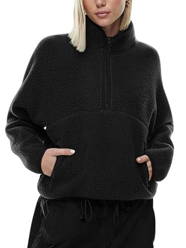 LASLULU Womens Black Half Zip Pullover Sherpa Jacket Fleece Cute Teen Girls Cropped Sweatshirt with Pockets Warm Winter Fuzzy Sweaters 2024 (Black, XX-Large) | Amazon (US)