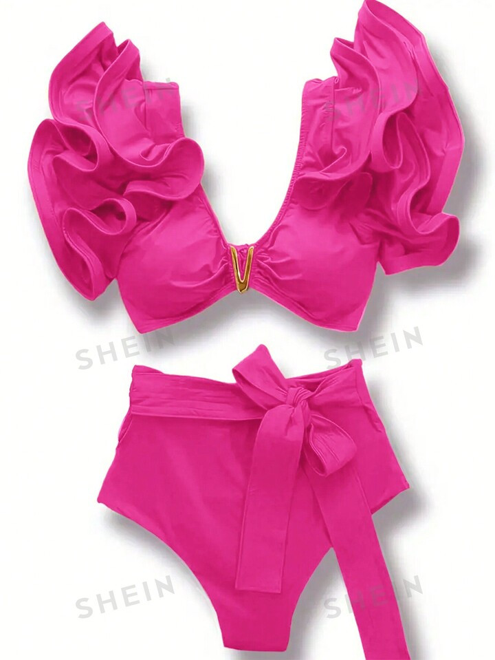 SHEIN Swim Ladies' Holiday Solid Color Splicing Ruffle Hem Sexy Bikini Set, Separated Bikini Set,... | SHEIN