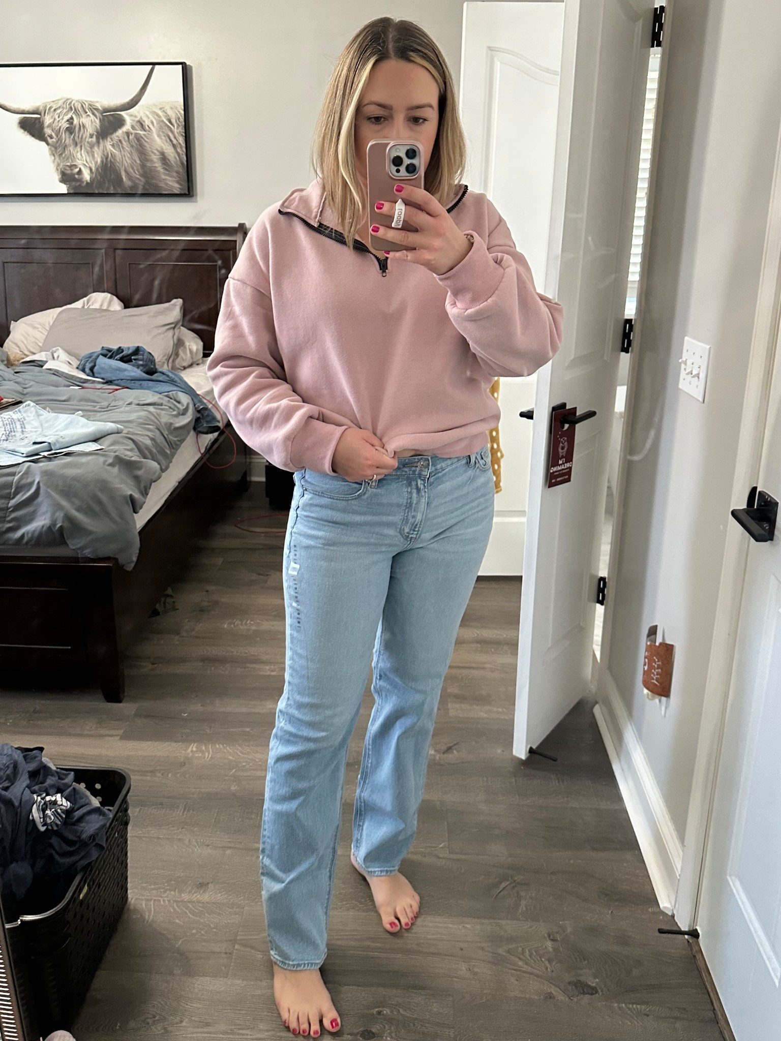 High rise straight leg jeans! Wearing long at 5'8"! True to size. Soft and comfortable jeans for spring! AE jeans. Affordable jeans. Trendy jeans. Straight leg. Sweatshirt is part of set in "dark pink" from Amazon  

#LTKSaleAlert #LTKStyleTip #LTKFindsUnder50