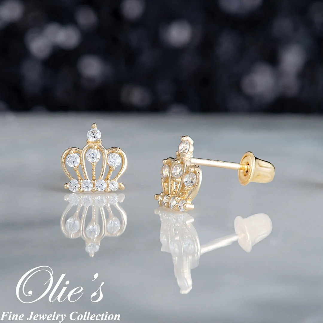 14k Solid Gold Princess Tiara CZ Stud Earrings With Screwback for Children Girls - Dainty Queen's... | Etsy (US)