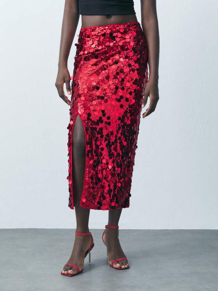 Maija Women's Sequin Fitted Split Design High-Quality Skirt For Women Elegant | SHEIN