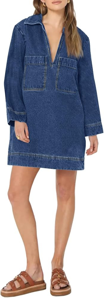Wenrine Womens Denim Shirt Dress Long Sleeve V Neck Loose Casual Jean Mini Dress with Pockets | Amazon (US)