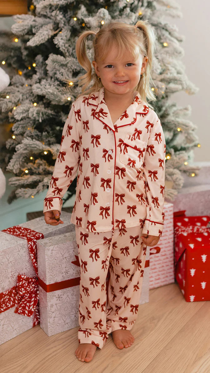 Girl's Button Up Set in Christmas Bows | Silks Design