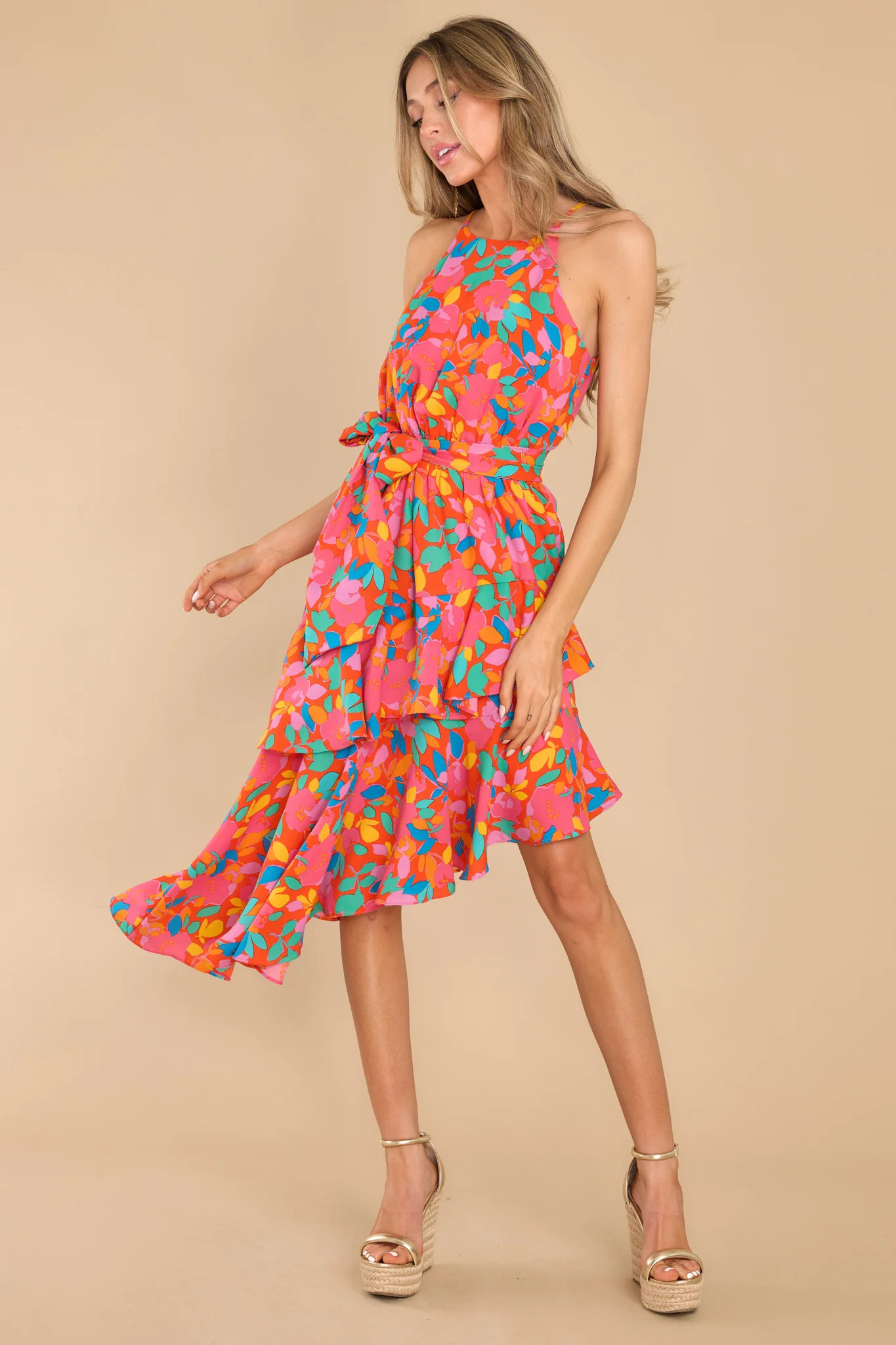 Take Me To Rio Orange Multi Print Dress | Red Dress 