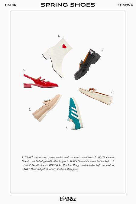 
The French Style Shoes to Wear This Spring 🌸

1. Carel Paris Estime ivory patent leather and red hearts ankle boots
2. Tod's Gomma Pesante embellished glossed-leather loafers
3. Tod's Gommini Catena leather loafers
4. Adidas Gazelle shoes
5. Roger Vivier Viv' Rangers metal buckle loafers in suede
6. Carel Paris Peche red patent leather slingback Mary Janes

#LTKshoecrush #LTKSeasonal #LTKstyletip