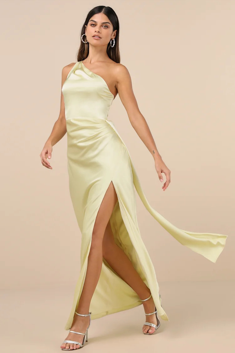 Signature Elegance Pale Yellow Satin One-Shoulder Maxi Dress | Lulus