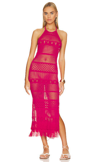 Cabana Fringe Halter Tie Back Maxi Dress in Shocking Pink | Hot Pink Dress | Revolve Clothing (Global)
