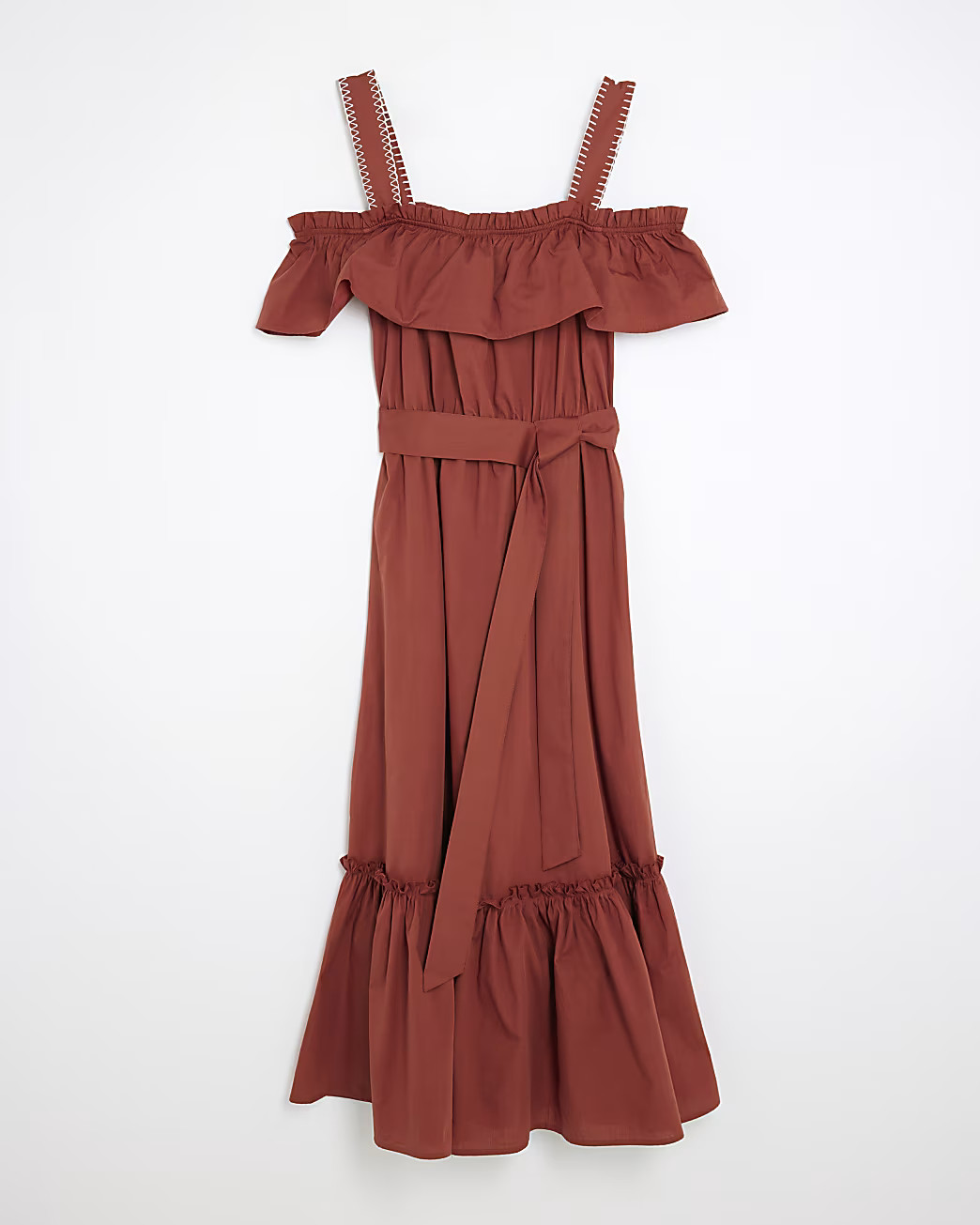 Brown Bardot Whipstitch Detail Midi Dress | River Island UK & IE