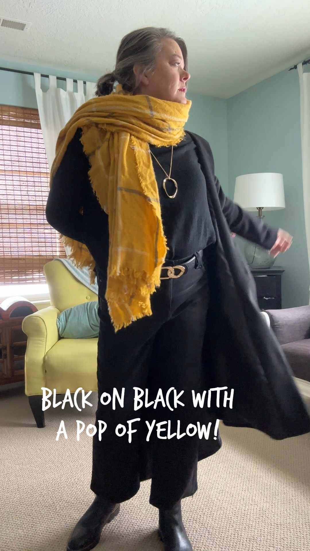 Black-on-black but make it chic.
I’m wearing my favorite black wide-leg cropped pants with a classic black turtleneck and Chelsea boots—clean, simple, and so easy to style. I added my long gold oval necklace for a little shine, then topped everything off with a timeless black coat.

And the best part? A yellow plaid scarf for that perfect pop of color. It brightens the whole outfit and feels so good on cold days.

Such an effortless look for women over 50 who love a little edge and a lot of comfort. 🖤✨💛

#LTKFallFashion #FallStyleOver50 #MidsizeStyle #ChicAndCozy #AllBlackOutfit #PopOfColor #WideLegPants #LTKOver50 #ClassicStyleOver50

#LTKMidsize #LTKStyleTip