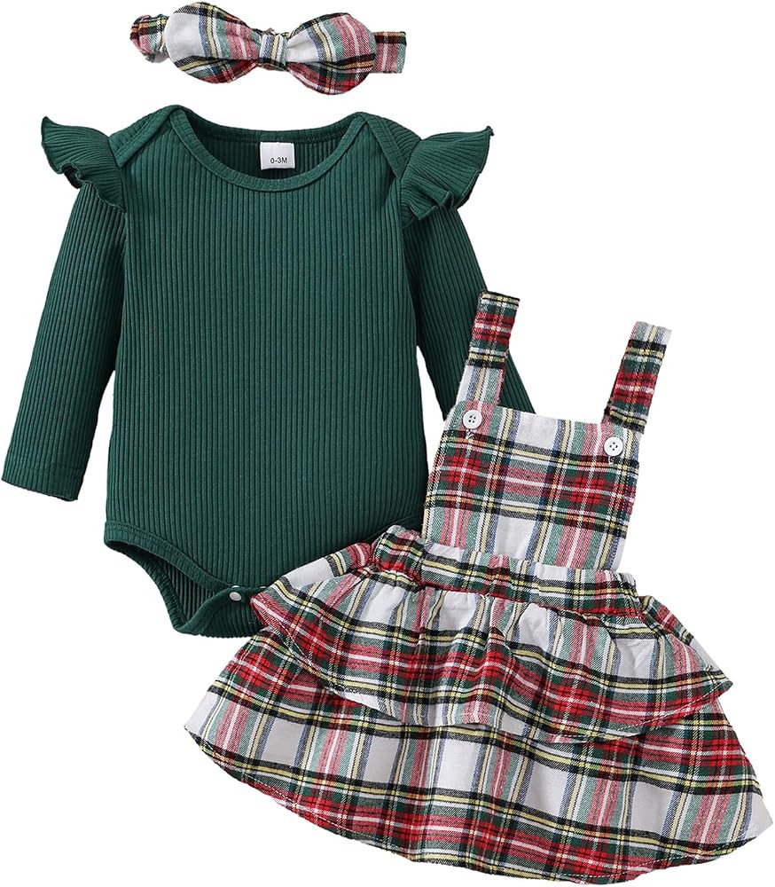 COSLAND Baby Girl Christmas Outfit Long Sleeve Romper Overall Skirt Dress 3Pcs Set, 0-24 Months | Amazon (US)