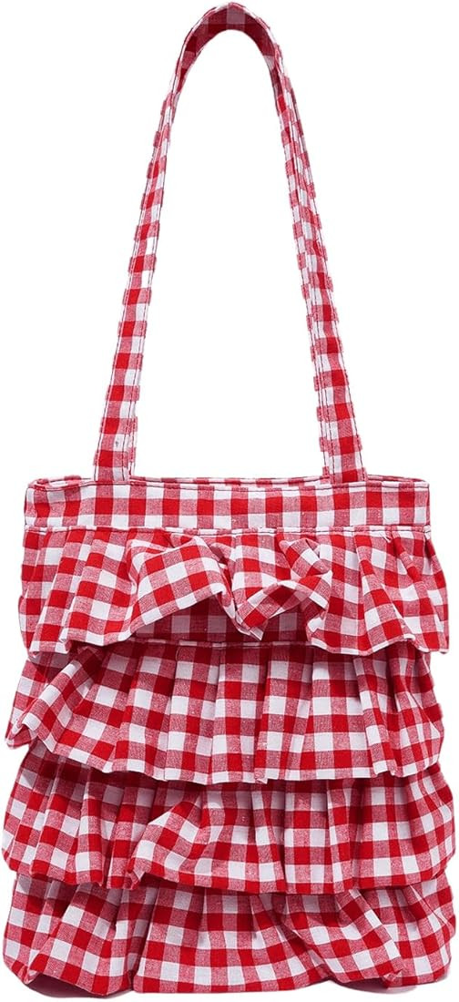 Verdusa Women's Ruffle Trim Plaid Print Tote Bag Casual Shoulder Bags | Amazon (US)