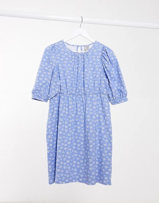 ASOS DESIGN mini smock dress with puff sleeves in blue ditsy floral print | ASOS (Global)