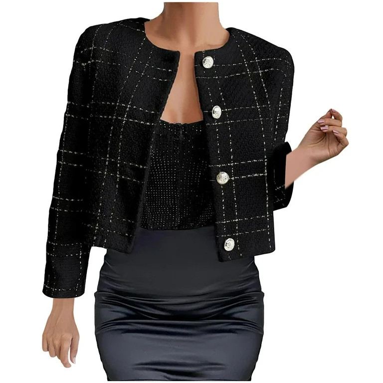 Fartey Womens Tweed Blazer Jacket 2025 Fall Cropped Open Front Collarless Jacket Casual Business ... | Walmart (US)