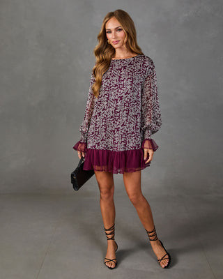 Fall In Love Floral Ruffle Hem Mini Dress Burgundy / M | VICI